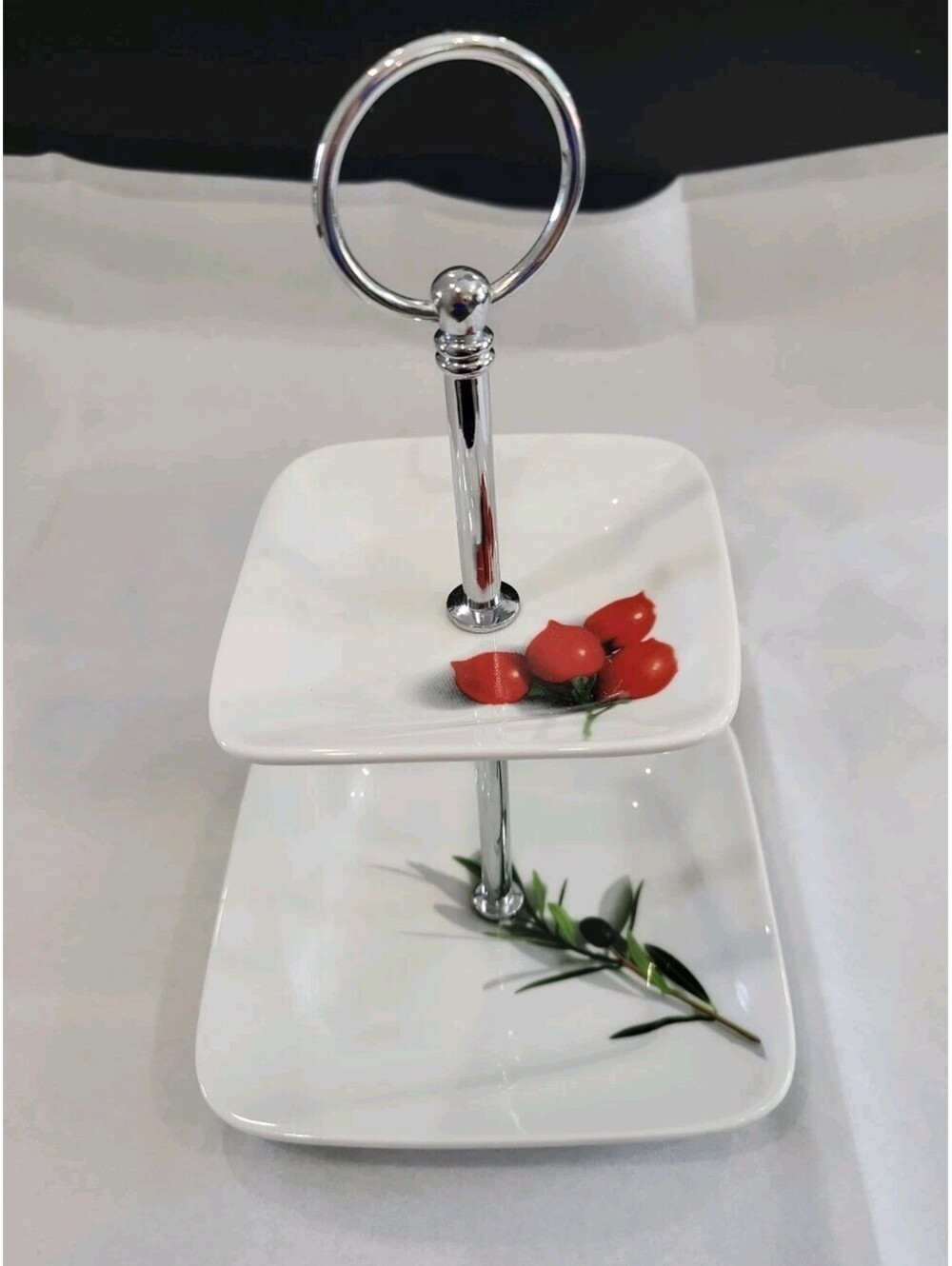 Square Cake Stand. 2 Tier. White Porcelain. Ruby's Collection. 9" Tall